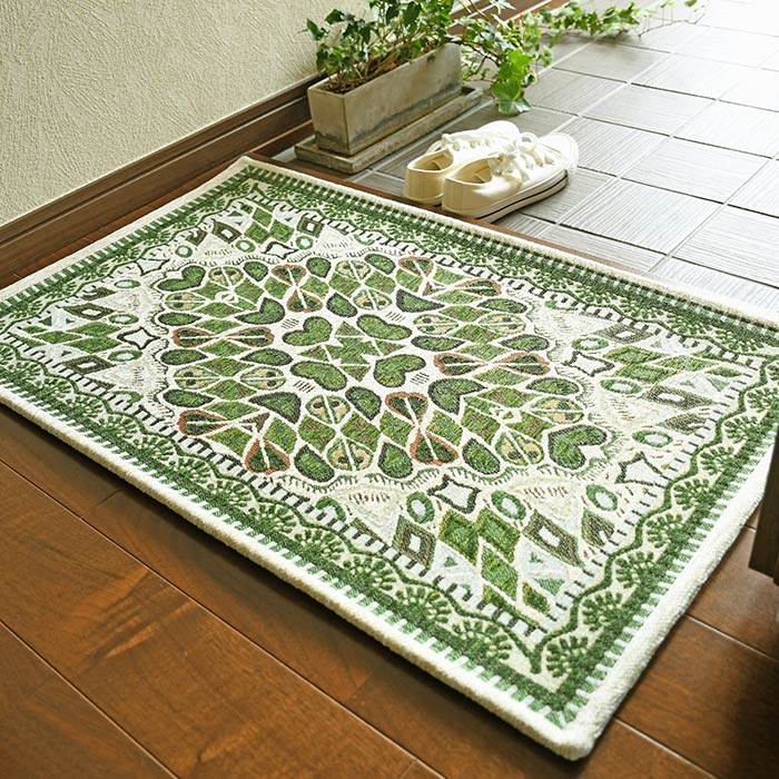 玄関マット セーマ 60×90 cm 洗える 滑り止め ゴブラン シェニール アンティーク タイル モチーフ グリーン マット 送料無料 [2]