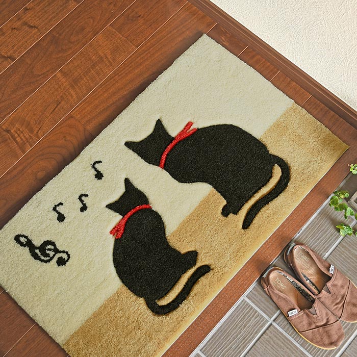 玄関マット キャット BE 45×75 cm 洗える 滑り止め 大人かわいい キュート 猫 柄 送料無料 2