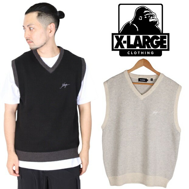 XLARGE エクストララージ ベスト　XLARGE エクストララージ 2TONE KNIT VEST 101221015002 2トーン ニットベスト メンズ 無地 ワンポイント カジュアル ストリート ブランド 黒 X-LARGE