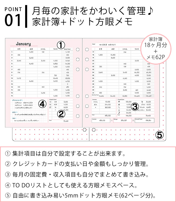 マークス システム手帳 リフィル HB×WA5 6穴 家計簿 ドット方眼メモ 18ヶ月 マンスリー 詰め替え用 差替え用 家計管理 バレットジャーナル 手帳デコ かわいい inspic アシュフォード 対応