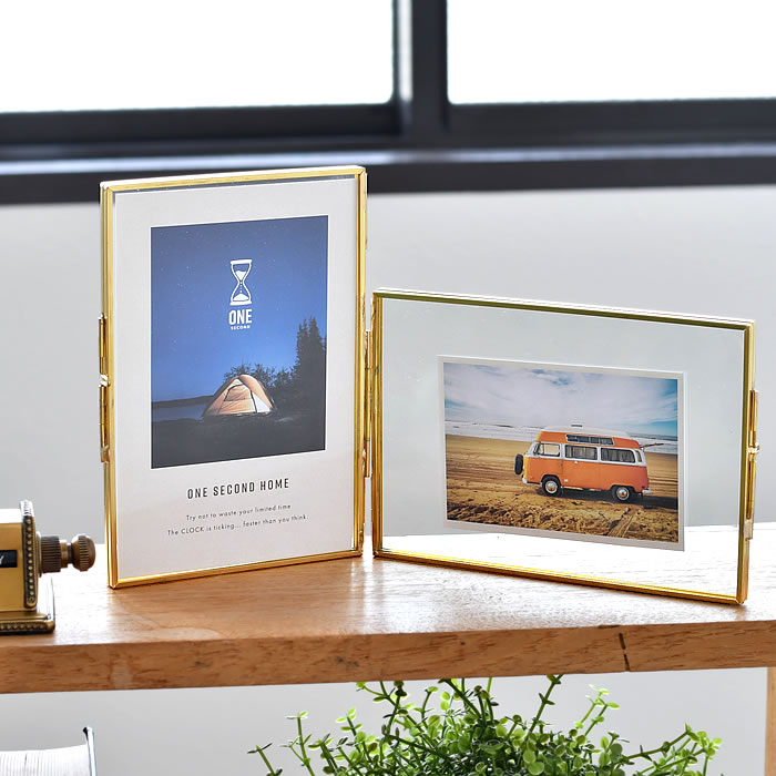 【1月1日はポイント最大10倍祭】フォトフレーム おしゃれ l版 2面 はがきサイズ 写真立て ゴールド ガラス 多面メタルフレーム 2面 フォトディスプレイ インテリアフレーム 写真入れ スチール 卓上 ヴィンテージ ビンテージ 置き型 フォトスタンド アンティーク風