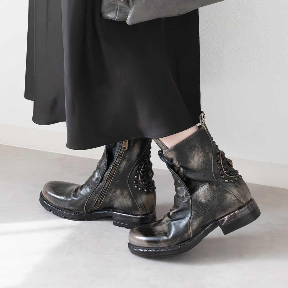 A.S.98 [エアーステップ98]ビンテージライクカバーショートブーツ5A B80231 ICE ブラックインポート / 本革 / スタッズ / バイカー / セレクト / ファスナー / ローヒール / レースアップ /