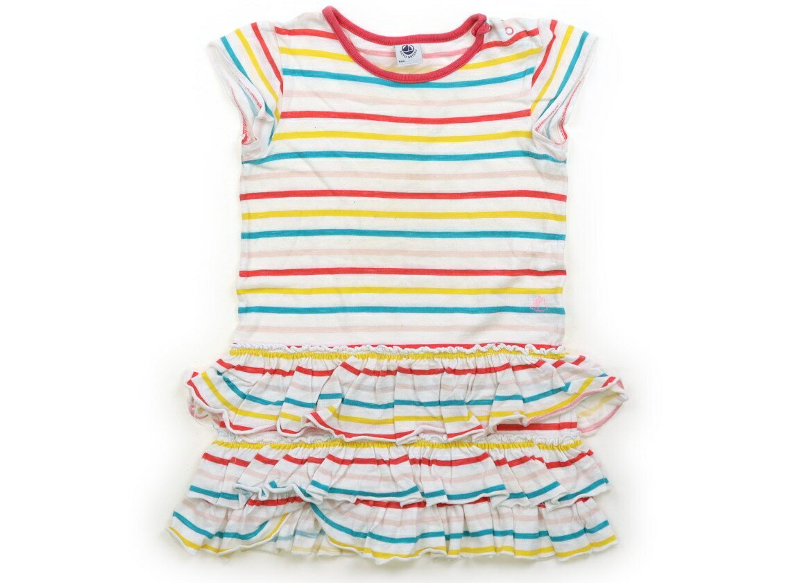 プチバトー PETIT BATEAU ワンピース 80 女の子 オフホワイト・ピンク・グリーンボーダー 子供服 ベビー服 キッズ アウトレット ユーズド 【中古】キッズ・ベビー・マタニティ