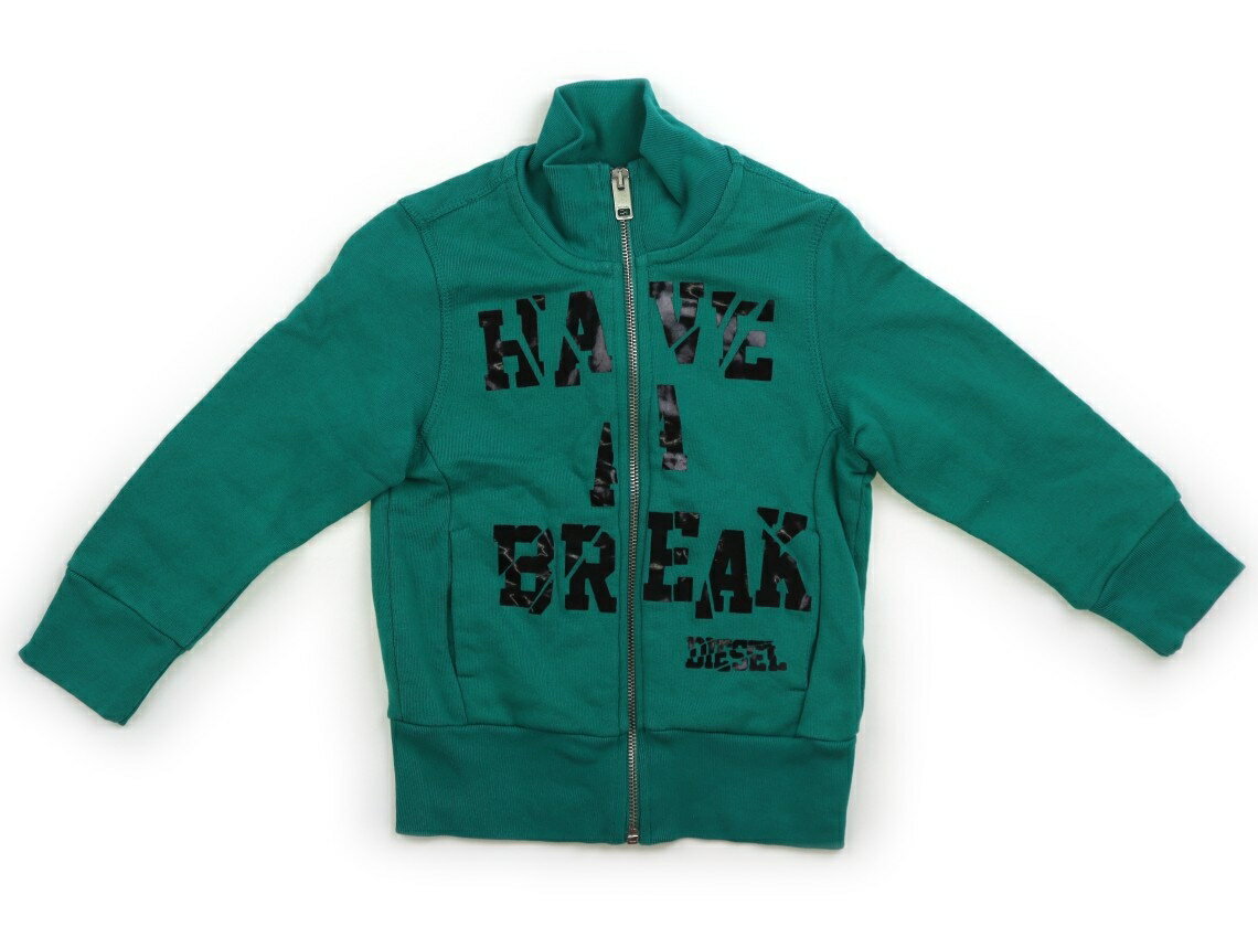 　ブランド 　DIESEL(ディーゼル) 　カテゴリー 　ジップアップトレーナー 　サイズ 　110サイズ 　色 　グリーン、黒 　状態 　★★ 　記名 　なし 　ジャンル 　Boy トレーナー地。実際のサイズ表記は4です。プリントに青色の汚れ、本体にヨレと色あせ感あり。普段着にいかがでしょうか。 ＊【状態】【サイズ】に関しての詳しい説明はこちら