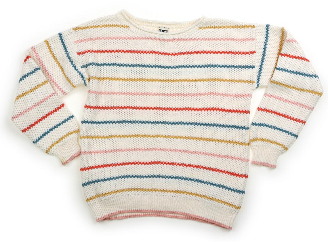 　ブランド 　BONTON(ボントン) 　カテゴリー 　ニット・セーター 　サイズ 　150サイズ 　色 　オフホワイト・カラフルボーダー 　状態 　★★★ 　記名 　なし 　ジャンル 　Girl 実際のサイズ表記は12。コットンのざっくりニット。右袖口に茶色いシミがあります。全体的にも保存臭が少し残っており、洗いざらし感があります。まだお使いいただけそうです。 ＊【状態】【サイズ】に関しての詳しい説明はこちら