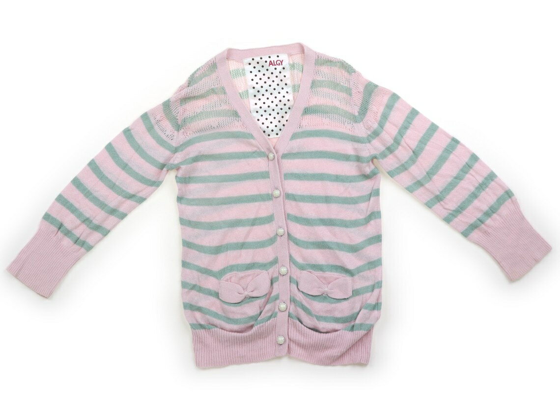 　ブランド 　ALGY(アルジー) 　カテゴリー 　カーディガン 　サイズ 　100サイズ 　色 　ピンク、エメラルドグリーン、ボーダー 　状態 　★★ 　記名 　なし 　ジャンル 　Girl 薄手のレーヨンとコットン配合ニット生地。全体に毛羽立ちと毛玉感、袖口にシミが見受けられます。外遊び用としていかがでしょうか？ ＊【状態】【サイズ】に関しての詳しい説明はこちら