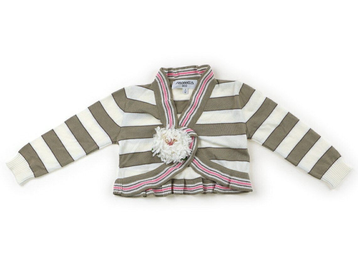 　ブランド 　Simonetta(シモネッタ) 　カテゴリー 　カーディガン 　サイズ 　90サイズ 　色 　ホワイト・モカブラウン・ボーダー 　状態 　★★★ 　記名 　なし 　ジャンル 　Girl 実際のサイズ表記は2-92。コットンニット素材。スナップボタン開き。お花のモチーフは取り外し可能、花びらが潰れています。サイドネックポイントからの総丈約23cm。洗いざらし感がありますが、まだまだお使いいただけそうです。 ＊【状態】【サイズ】に関しての詳しい説明はこちら