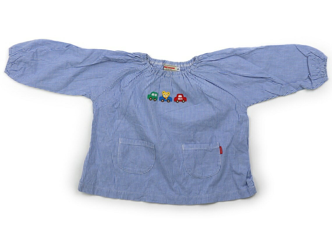 ミキハウス miki HOUSE 砂場着・スモック・エプロン 90 男の子 青白チェック、車・クマ 子供服 ベビー..