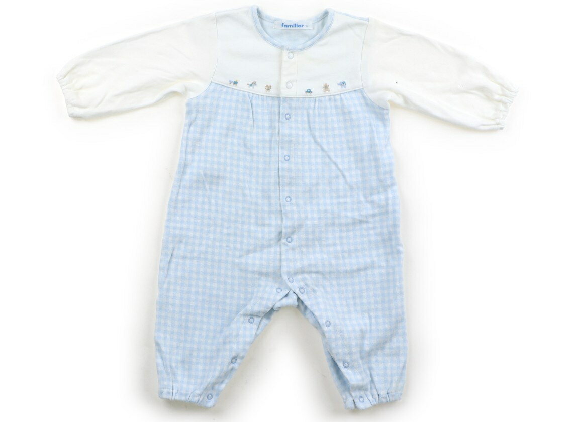 ファミリア familiar カバーオール 70 男の子 ブルーチェック・オフ白・動物 子供服 ベビー服 キッズ アウトレット ユーズド 【中古】キッズ・ベビー・マタニティ