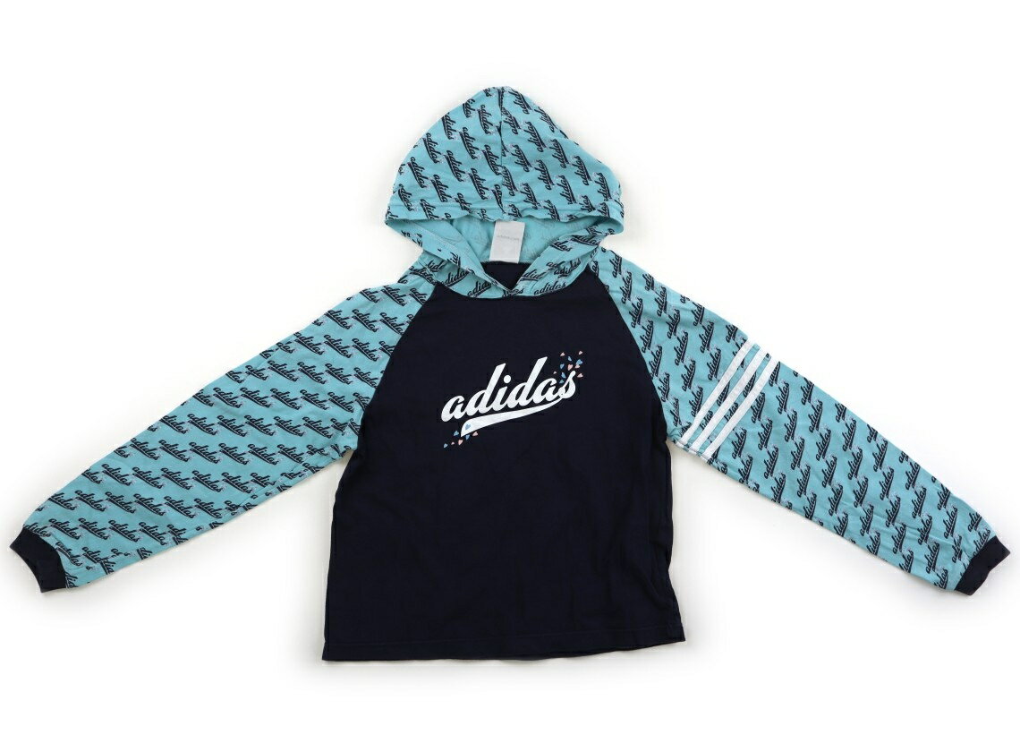 アディダス Adidas パーカー 150 女の子 ネイビー・水色・ロゴ柄 子供服 ベビー服 キッズ アウトレット ユーズド 【中古】キッズ・ベビー・マタニティ