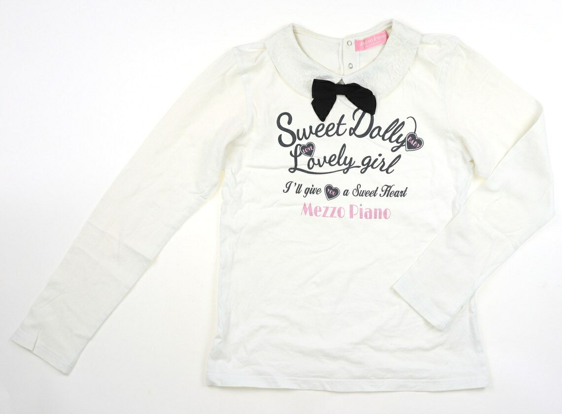 メゾピアノ mezzo piano Tシャツ・カットソー 160 女の子 白、黒いリボン、英文字 子供服 ベビー服 キッズ アウトレット ユーズド 【中古】キッズ・ベビー・マタニティ