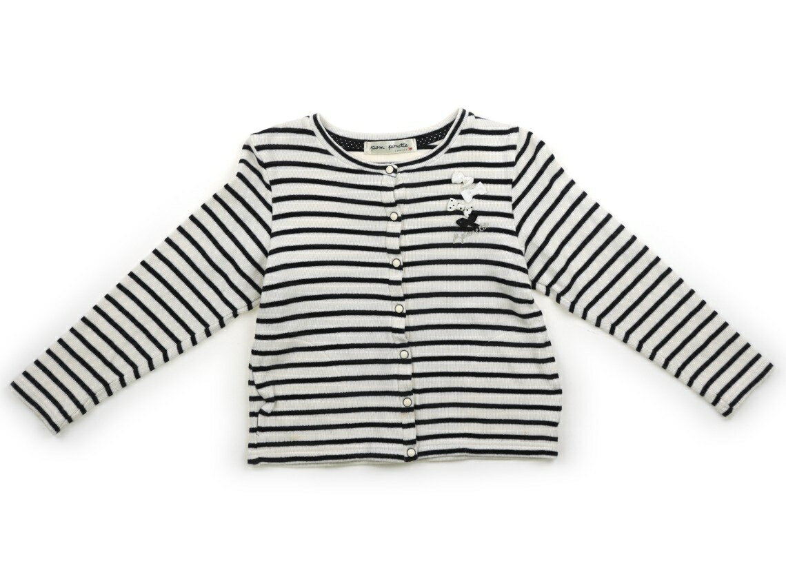 　ブランド 　pom ponette(ポンポネット) 　カテゴリー 　カーディガン 　サイズ 　120サイズ 　色 　白・黒・ボーダー 　状態 　★★（返品不可） 　記名 　なし 　ジャンル 　Girl ボタンはスナップです。全体に毛羽立ちがあります。綿100％。腕、前裾に、薄いシミが見受けられます。ボタン部分、ヨレ感あり。まだお使い頂けそうです。 ＊【状態】【サイズ】に関しての詳しい説明はこちら