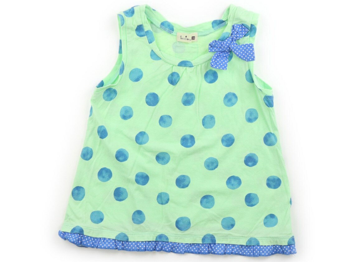 Trois Lapins tank top/camisole, size 110, girls', green with blue polka dots and ribbon. Children's clothing, baby clothes, kids' clothing, outlet, used. [Pre-owned] Kids, Baby, Maternity