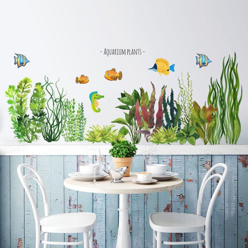ウォールステッカー アクアリウム 植物風デザイン パターンE 簡単貼り付け 水槽 魚 水族館 水草 海中 ..