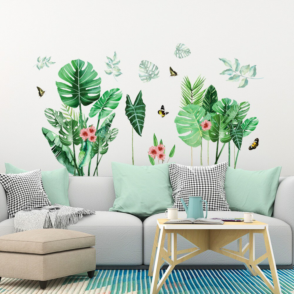 ウォールステッカー 観葉 植物風デザイン パターンF 簡単貼り付け 花 緑 蝶 チョウチョ シール オシャ..