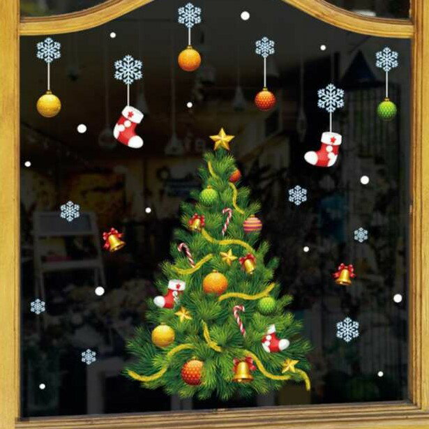 ウォールステッカー クリスマスデザイン パターンA ツリー オーナメント 雪の結晶 スノー 簡単貼り付け..