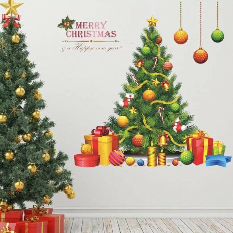 ウォールステッカー クリスマスデザイン パターンE ツリー オーナメント プレゼント ロウソク 簡単貼り..