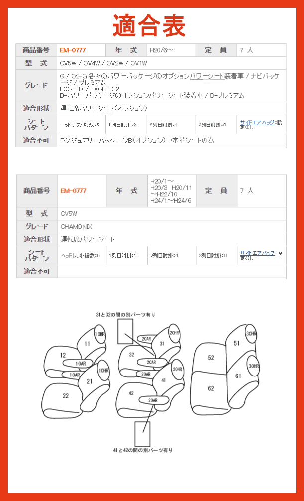 デリカD5/H20.1〜/CV5W,CV4W,CV2W,CV1W/運転席パワーシート/7人乗り/三菱/クラッツィオ DIA ダイヤ シートカバー/ブラック×レッドステッチ,ブラック×ホワイトステッチ,ブラウン×アイボリーステッチ/clazzio クラッチオ/EM-0777