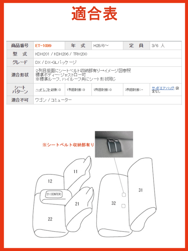 200系ハイエースバン/H28.6〜/KDH,TRH200系/3、6人乗り/2列目座面にシートベルト収納部有り/DX/ワイドボディ可/トヨタ/クラッツィオ DIA ダイヤ シートカバー/ブラック×レッドステッチ,ブラック×ホワイトステッチ,ブラウン×アイボリーステッチ/clazzio クラッチオ/ET-1099 2