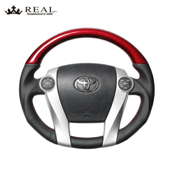 REAL ステアリング アクア 10系 Gs含む※GR SPORT17インチPK除く トヨタ プレミアムシリーズ レッドカーボン レッド×ブラック ユーロステッチ(2)