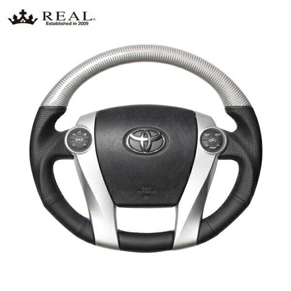 REAL ステアリング アクア 10系 Gs含む※GR SPORT17インチPK除く トヨタ プレミアムシリーズ シルバーカーボン つやあり ブルー×シルバー ユーロステッチ