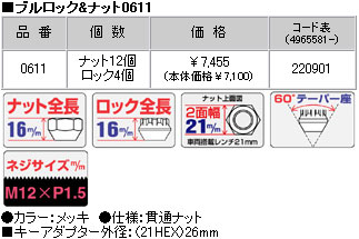 ■盗難防止ロックナットセット/貫通タイプ■カローラスパシオ/トヨタ/M12X1.5/21mm/メッキ■ブルロック＆ナット4H4穴車用【0611】