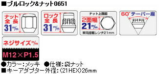 ■盗難防止ロックナットセット■ブラボー/三菱/M12X1.5/21mm/メッキ■ブルロック＆ナット4H5H共用【0651】