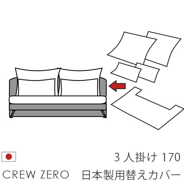 生地見本はこちらから お作りできる替えカバー生地一覧 ≫生地カラー一覧を見る（別ウインドウ） ベースカラーと組み合わせてみる（セットソファの写真） ≫カラーシミュレーションを見る （別ウインドウ） クルーゼロ日本製の価格表を見る カラーについて モニターやスマホの画面では、機種や設定により色の再現が異なります。また、照明によっても変わってきます。厳密な色のご確認を行いたい場合は、生地見本をご請求いただき、設置予定場所の照明下でご確認ください。 ≫クルー・ゼロ日本製ソファ用カバー一覧を見る [itm1101]お作りできるカラー・生地一覧 無料生地見本請求をする 替えカバー クルー・ゼロ 日本製 専用 ソファタイプ用 お持ちのクルー・ゼロ日本製ソファタイプの幅をご確認ください ソファタイプの形には、幅の異なるタイプがございます。ご購入前に、今一度ソファの幅を測って間違いがないかご確認ください。 幅120cm 幅140cm 幅170cm ↑他の形の替えカバーを見る≫替えカバー一覧へ クルー・ゼロ 日本製の替えカバーです。 座面部分のカバーと背中クッションのカバーのセットでの販売です。 クッションの中身（中わた、ウレタン）は別売りです。 クルー・ゼロ 日本製 ソファタイプ用替えカバー 170cm幅 ↑図の白い部分が替えカバーで交換できます。 セット内容 座面用替えカバー×1 背中クッション(大)用替えカバー&times;2 背中クッション(小)用替えカバー&times;2 カート近辺の選択肢でお決まりのカラーを選択し、カートに入れてください。 ≫生地と色を確認する ≫クルー・ゼロ日本製替えカバー一覧を見る