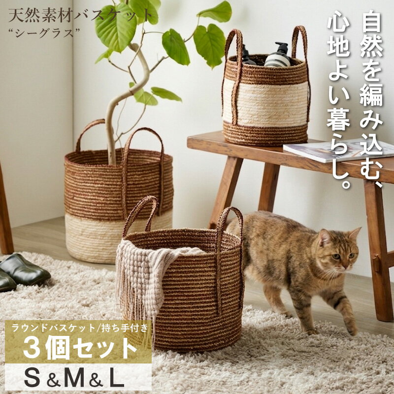 乐天商城 - バスケット シーグラス 持ち手付き S M L 3個セット 天然素材 バスケット ラウンド 収納 かご 小物収納 取っ手付き 丸 円形 丸型 カゴ 収納ケース 収納かご インテリア おしゃれ 北欧 雑貨 アジアン アジアン雑貨 casa