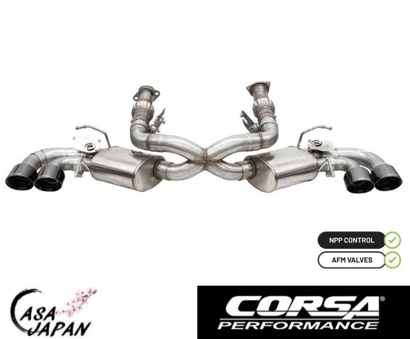 Corsa シボレー コルベット C8 6.2L LT2 V8 2020~2022年 AFM・NPPサウンドコントロール用 キャットバック +18hp マフラー エキゾースト T304ステンレス ブラックチップ コルサ +BS