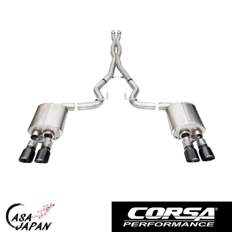 Corsa フォード マスタング GT 5.0L V8 アクティブ付き用 2024年〜 クーペ ・ファストバック XTREME キャットバック マフラー エキゾースト T304ステンレス ブラックスラッシュカットチップ コルサ +BS