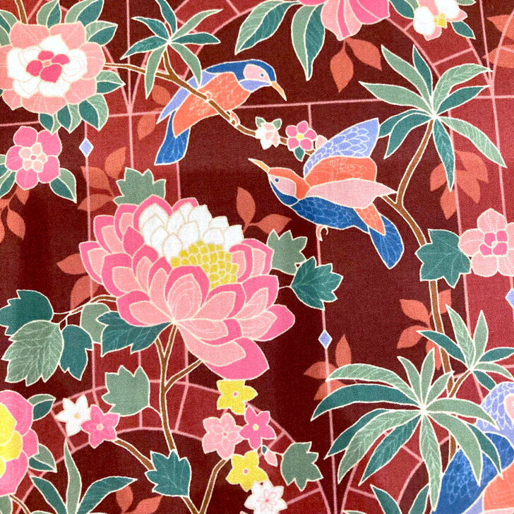 Rakuten - リバティ 生地 Conservatory コンサヴァトリー 国産 タナローン Liberty Fabrics 50cm単位 アニマルプリント オウム柄 鳥 マルーン えんじ色【動物柄】