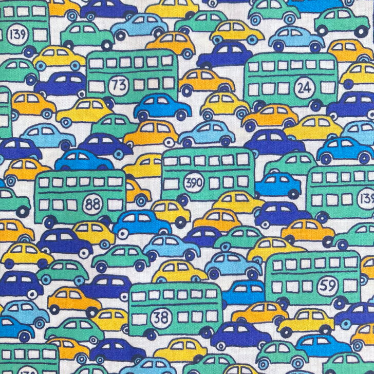 Rakuten - リバティ 生地 Hop on Hop off ホップオン・ホップオフ CU 青 緑 黄色 イタリア産 タナローン かわいい 車柄 馬 Liberty Fabrics 50cm単位 手芸 布【The London Collection】メンズ 男の子 にもおすすめの柄