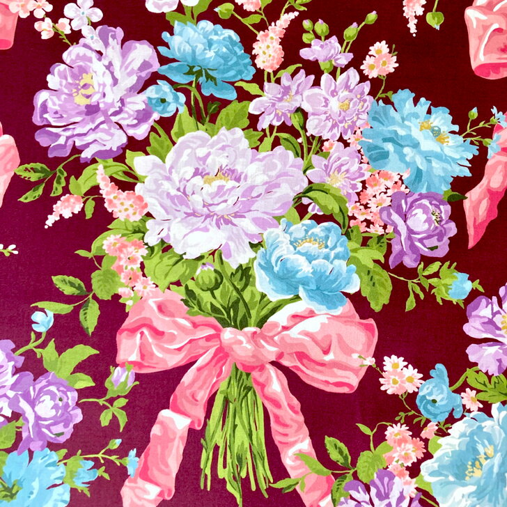 Bow Bouquet ボウ ブーケ C色 えんじ地 ピンク リボン リバティプリント 生地 花柄 133cm巾 50cm単位 【2026SS LIBERTY FABRICS BRIDGERTON】 布 手芸