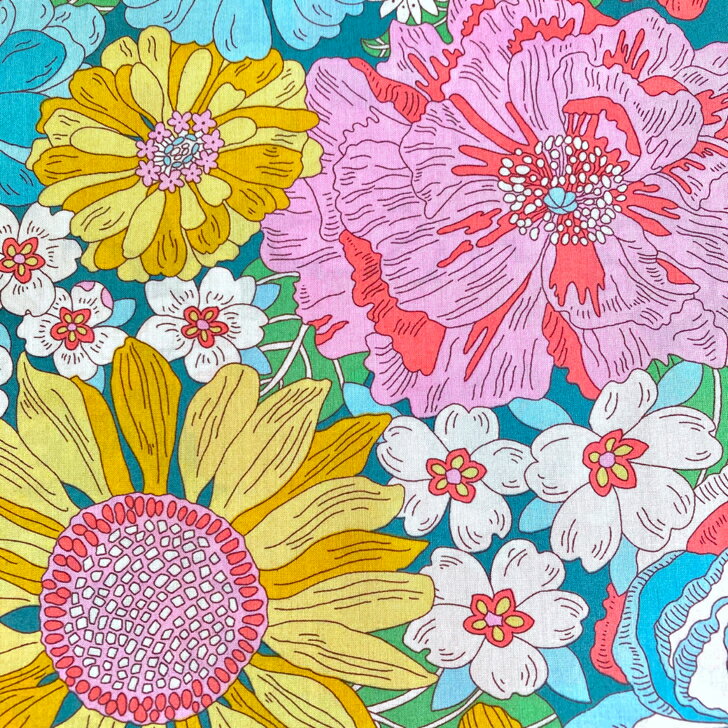 Rakuten - リバティ 生地 Summers in the Sun サマーズ・イン・ザ・サン 26BU グリーン地 ブルー イエロー【2026SS Floral Rebellion フローラルリベリオン】イタリア産 ビンテージデザイン ヒマワリ 大きい花柄 Liberty Fabrics 50cm単位 布