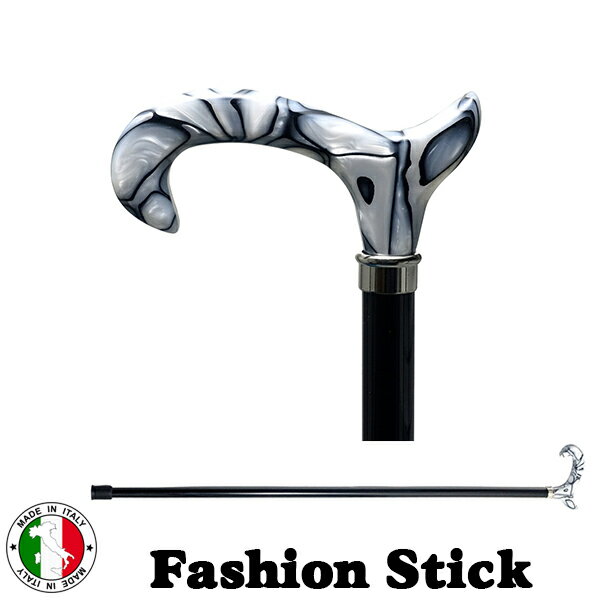 イタリア製 ウォーキング ステッキ ファッション 杖 L型 パールホワイト ＆ ブラック セルロイド風 ハンドル ブラウン シャフト 長さ調節 ott-4606