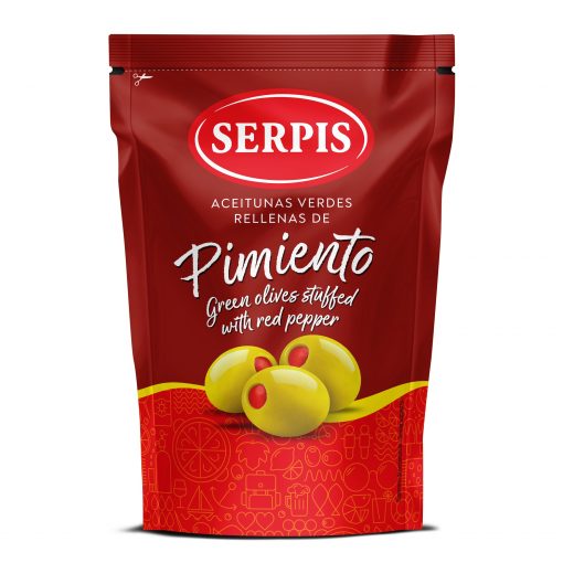 Serpis セルピス スペイン産 スタフドオリーブ・ピミエント (赤ピーマン詰めグリーンオリーブ）（スタンドパウチ入り…