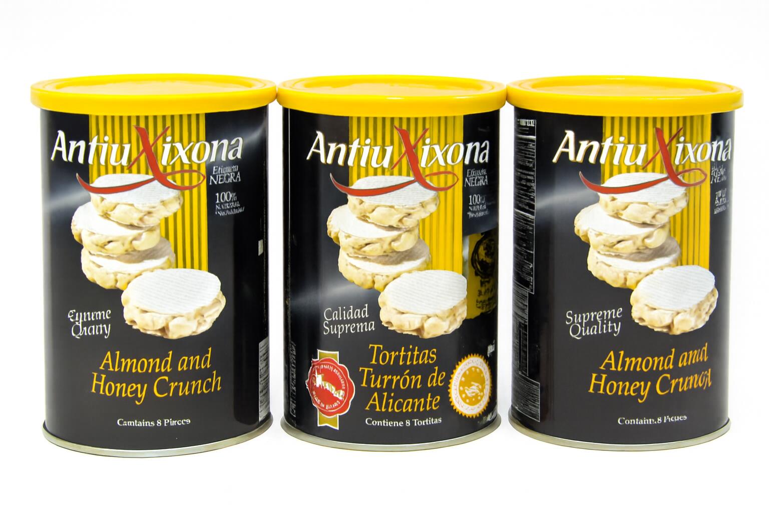 アンティウ・ヒホナ社 スペイン高級伝統アーモンド菓子 トルティータス・トゥロン・デ・アリカンテ(Turron de Alicante)-Antiu Xixona アーモンドとはちみつのヌガー菓子 ハードタイプ　3缶セット