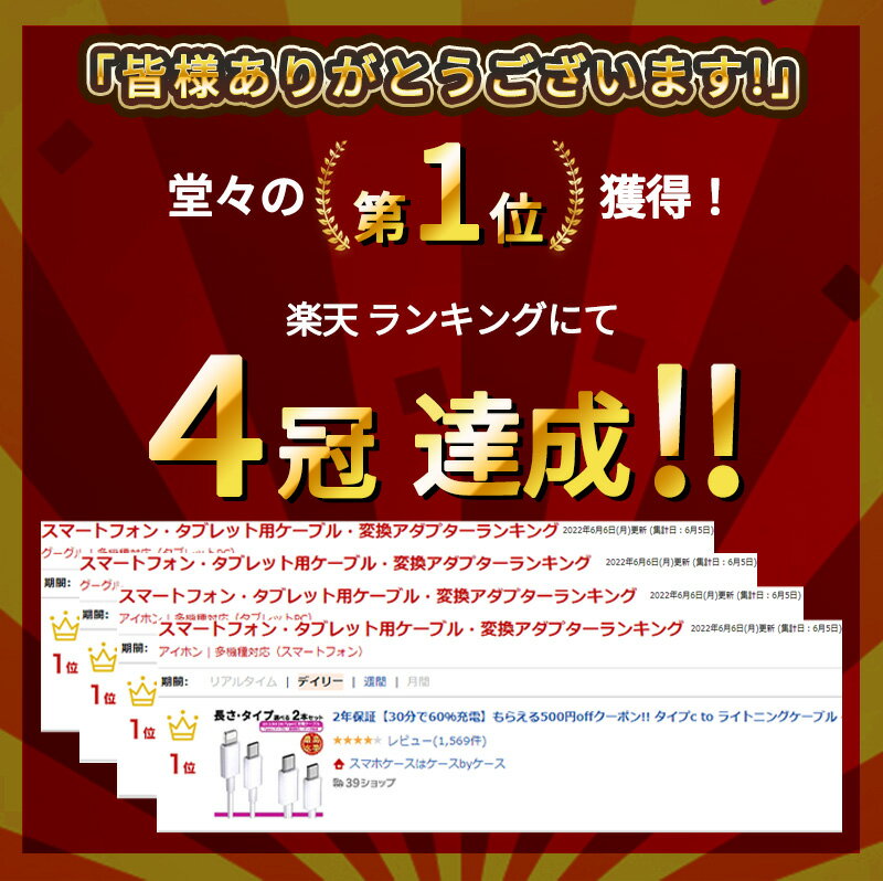 【楽天1位】2本 2年保証【超高速60W 30分で60％充電】500円offクーポンもらえる!! タイプc to ライトニングケーブル タイプc to タイプc ケーブル 1m 1.5m 2m iPhone 充電 急速充電 USB type-c typec アイフォン Lightning アイホン Android 充電器【ケースbyケース】