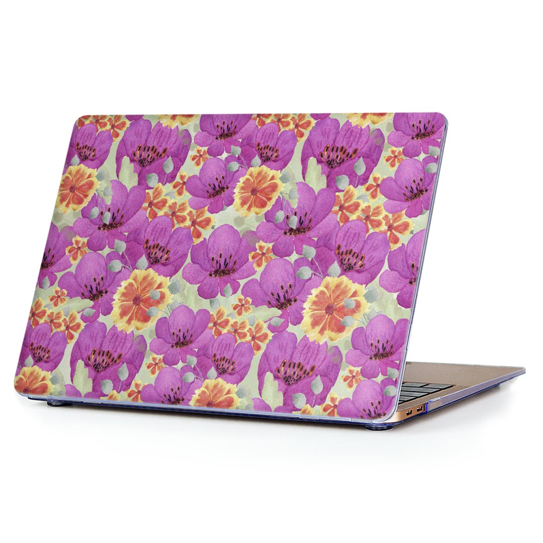 MacBook Air 13inch 2018 専用 デザインハードケース A1932 Apple マックブック エア ノートパソコン カバー ケース ハードカバー クリア 透明 アクセサリー 保護 014543 花　フラワー　紫