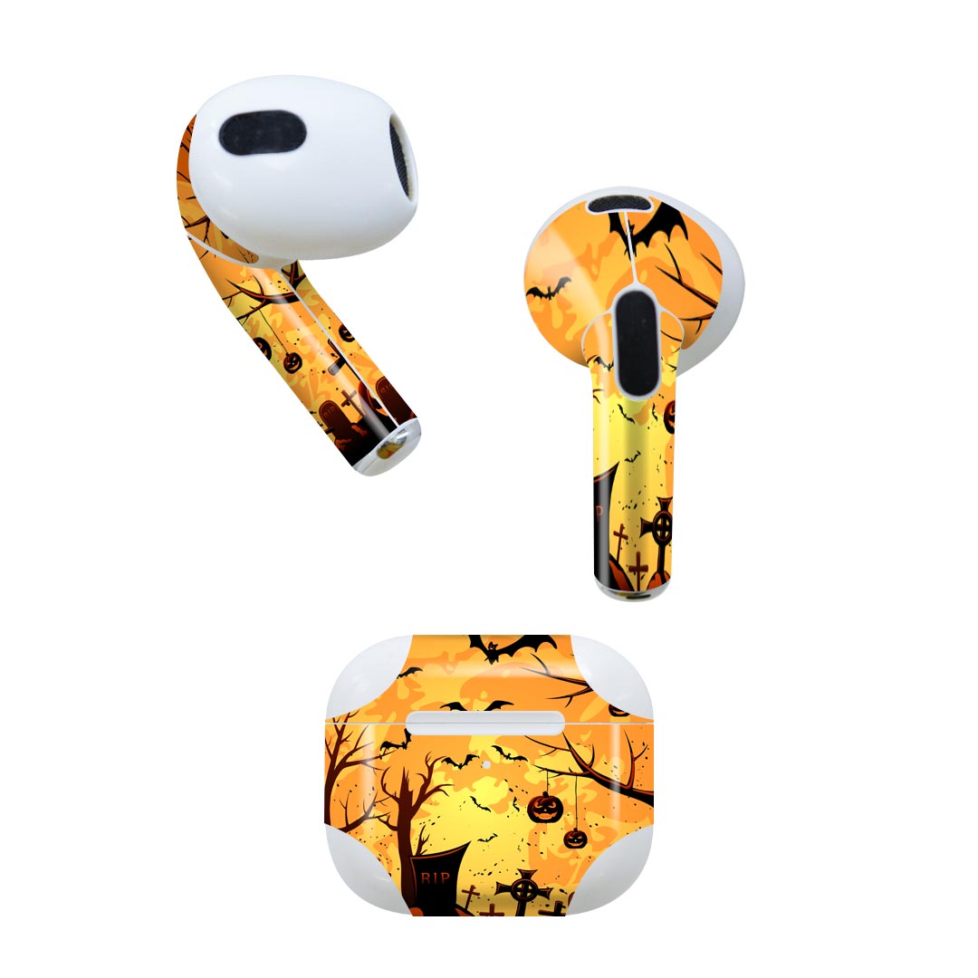 AirPods 第3世代 専用 デザインスキンシール airpods 3 用 エアポッド 3 用 第三世代（2021）対応 2枚入り 各2枚セット イヤホン カバー デコレーション アクセサリー デコシール 000059 ハロウィン　かぼちゃ　オレンジ