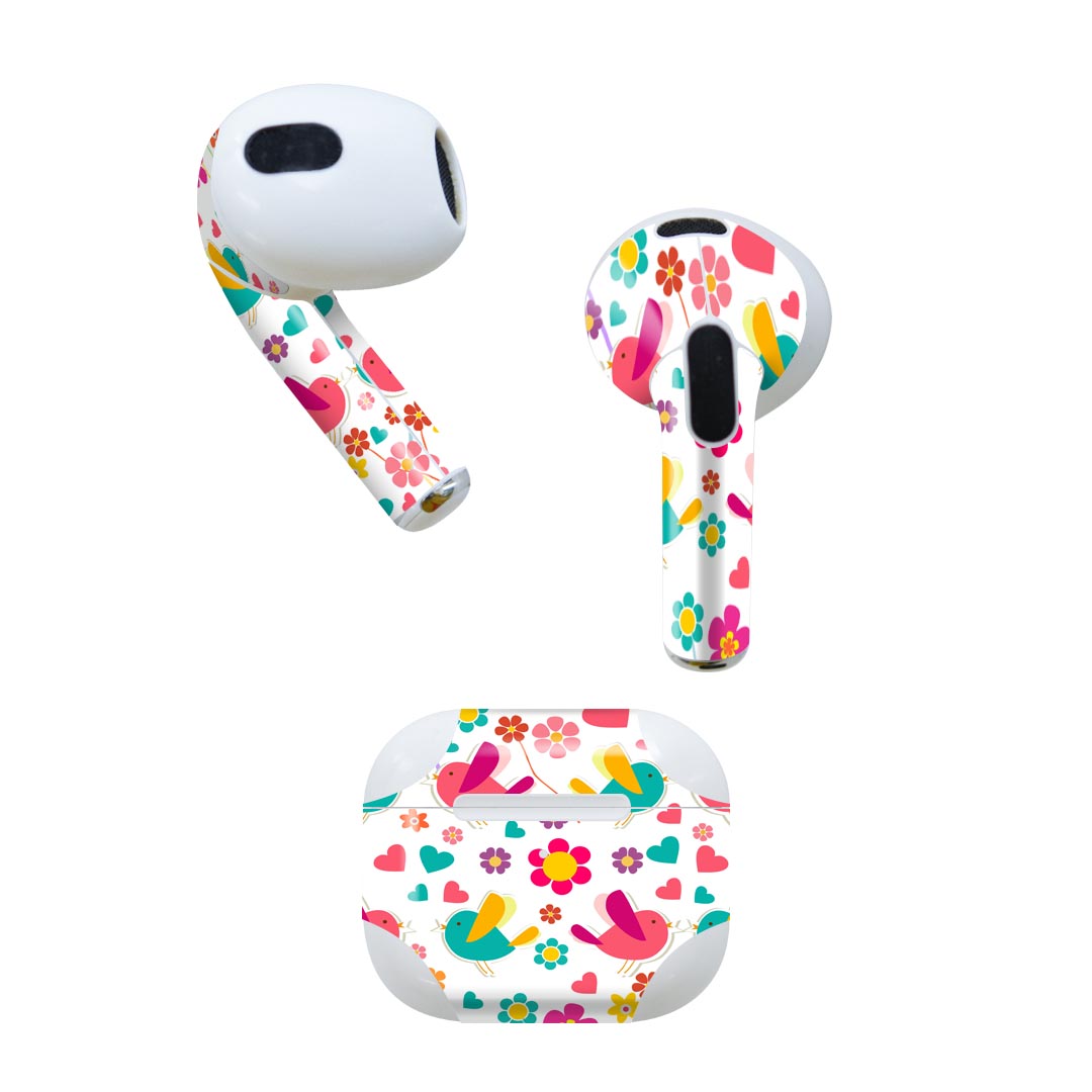 AirPods 第3世代 専用 デザインスキンシール airpods 3 用 エアポッド 3 用 第三世代（2021）対応 2枚入り 各2枚セット イヤホン カバー デコレーション アクセサリー デコシール 000295 鳥　ハート　花　カラフル
