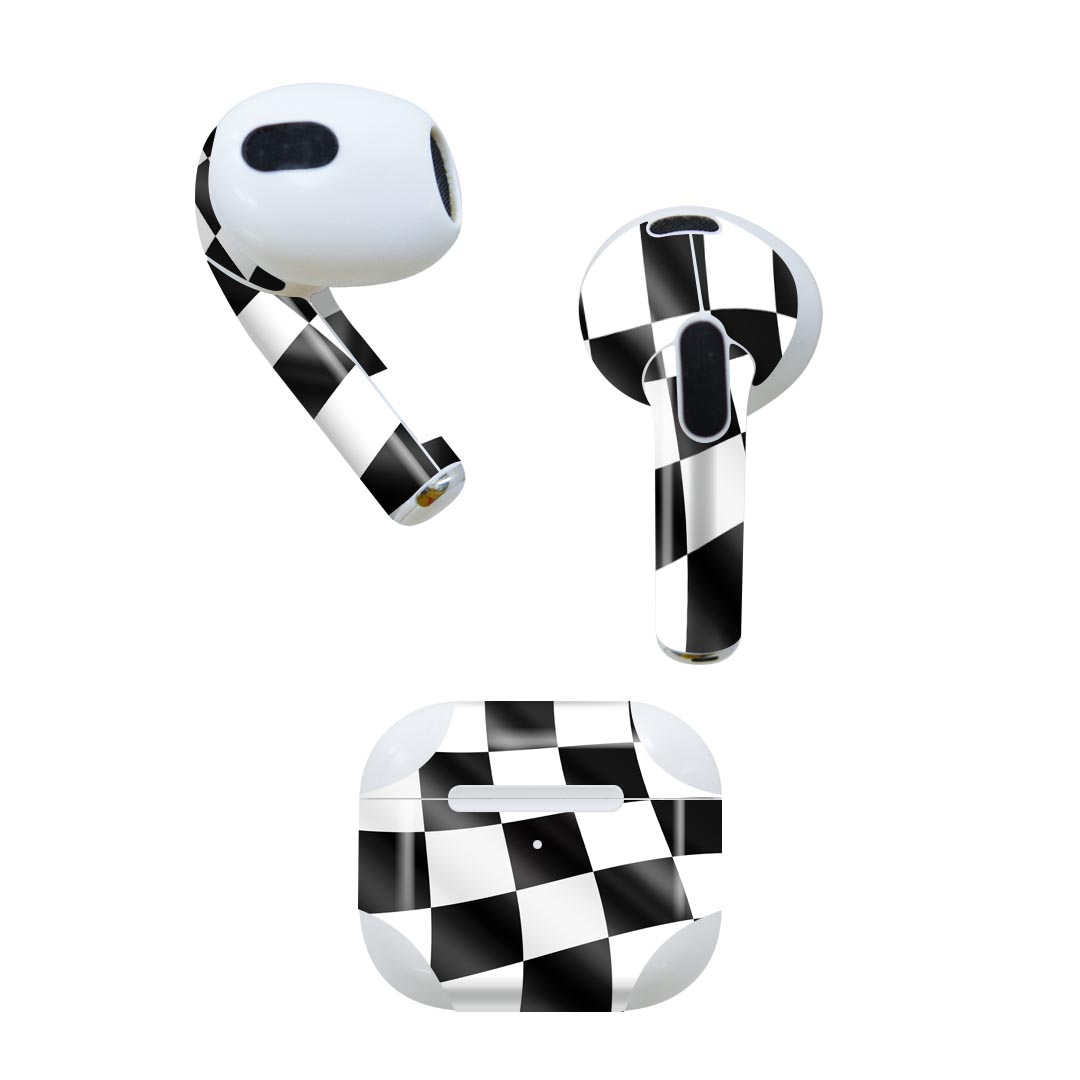 AirPods 第3世代 専用 デザインスキンシール airpods 3 用 エアポッド 3 用 第三世代（2021）対応 2枚入り 各2枚セット イヤホン カバー デコレーション アクセサリー デコシール 000999 チェッカーフラッグ　白黒