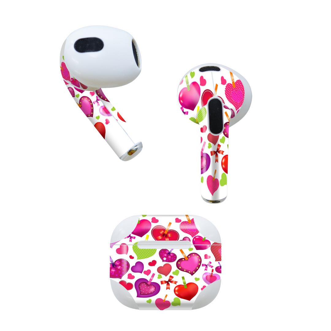AirPods 第3世代 専用 デザインスキンシール airpods 3 用 エアポッド 3 用 第三世代(2021)対応 2枚入り 各2枚セット イヤホン カバー デコレーション アクセサリー デコシール 002389 ハート リボン 赤