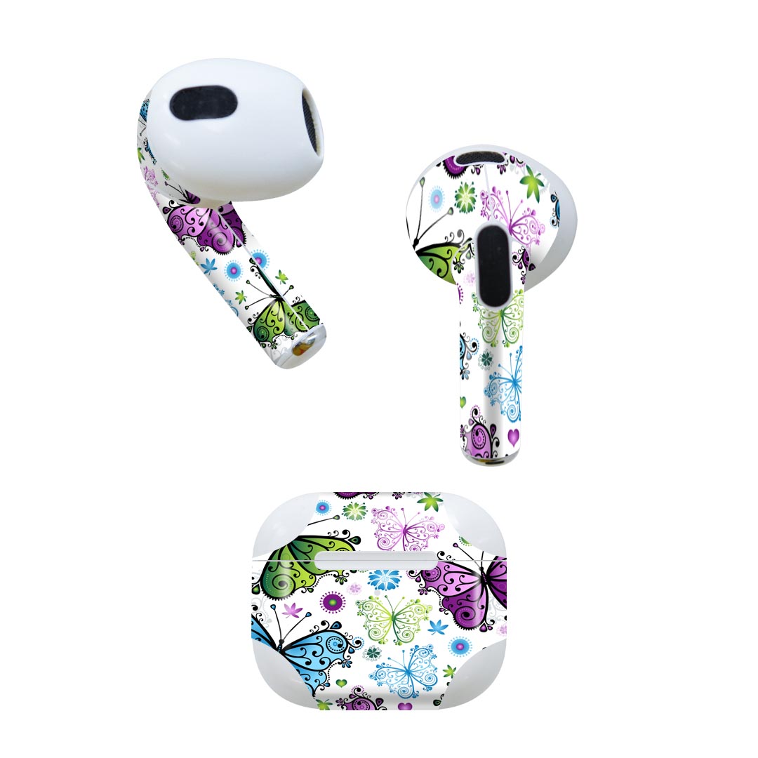 AirPods 第3世代 専用 デザインスキンシール airpods 3 用 エアポッド 3 用 第三世代（2021）対応 2枚入り 各2枚セット イヤホン カバー デコレーション アクセサリー デコシール 002874 蝶　カラフル　花