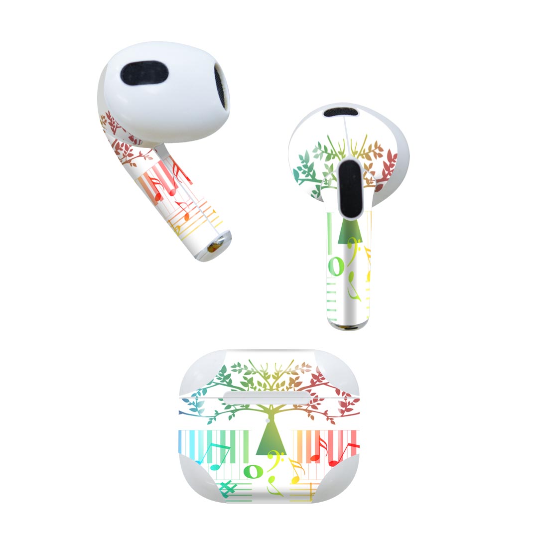 AirPods 第3世代 専用 デザインスキンシール airpods 3 用 エアポッド 3 用 第三世代(2021)対応 2枚入り 各2枚セット イヤホン カバー デコレーション アクセサリー デコシール 026094 音符 音楽 木