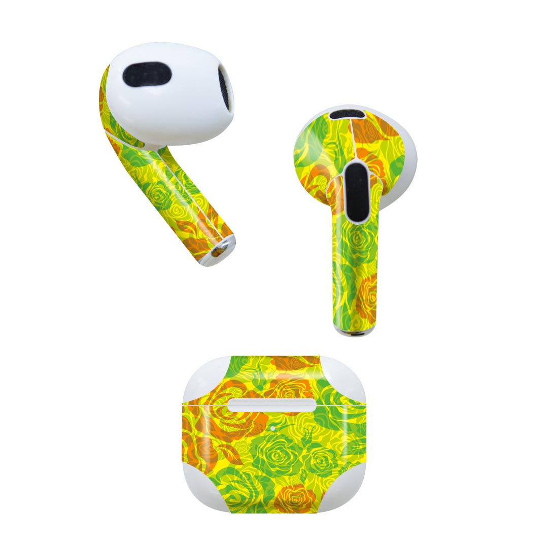 AirPods 第3世代 専用 デザインスキンシール airpods 3 用 エアポッド 3 用 第三世代（2021）対応 2枚入り 各2枚セット イヤホン カバー デコレーション アクセサリー デコシール 004067 花　黄色　緑