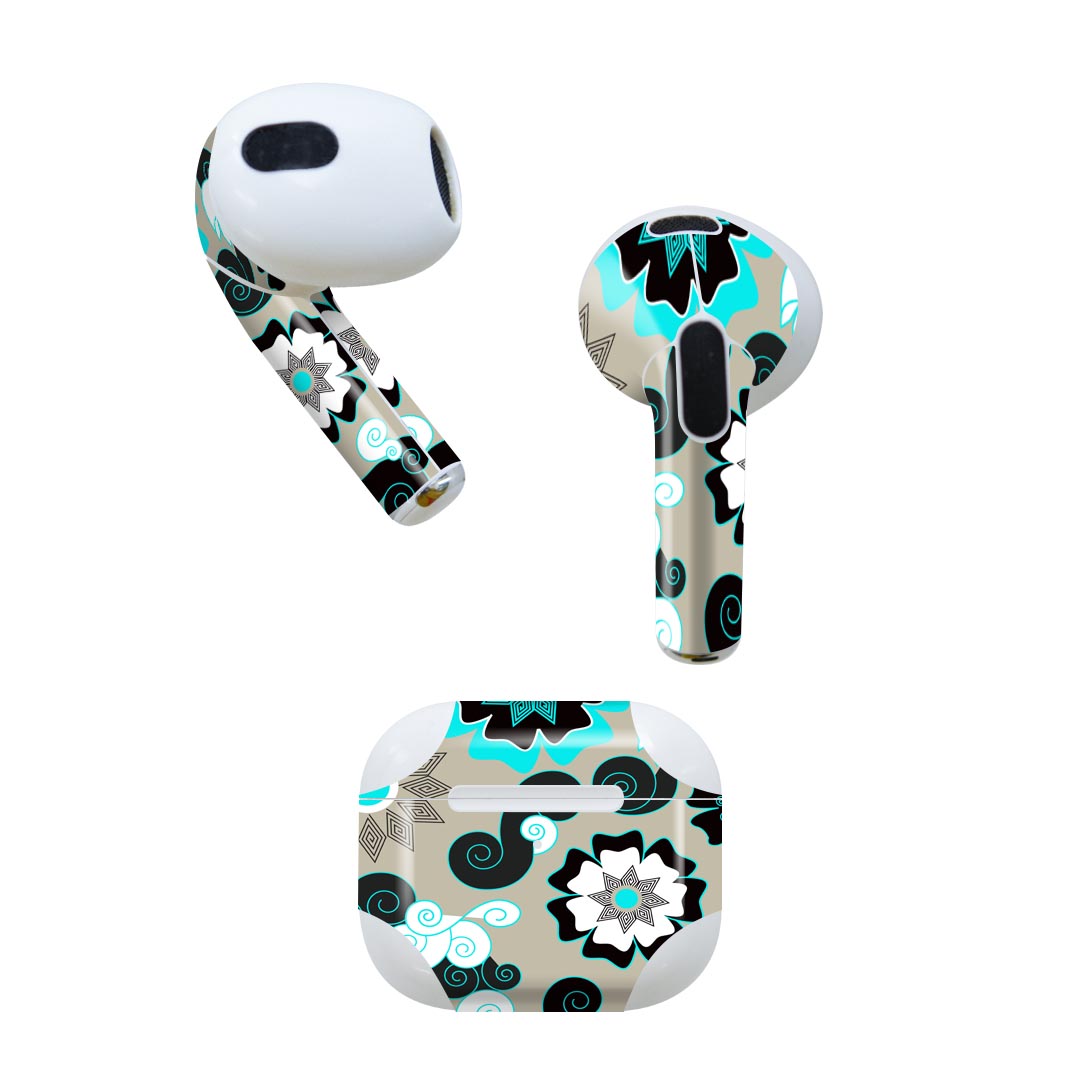 AirPods 第3世代 専用 デザインスキンシール airpods 3 用 エアポッド 3 用 第三世代（2021）対応 2枚入り 各2枚セット イヤホン カバー デコレーション アクセサリー デコシール 004368 花　モダン　青
