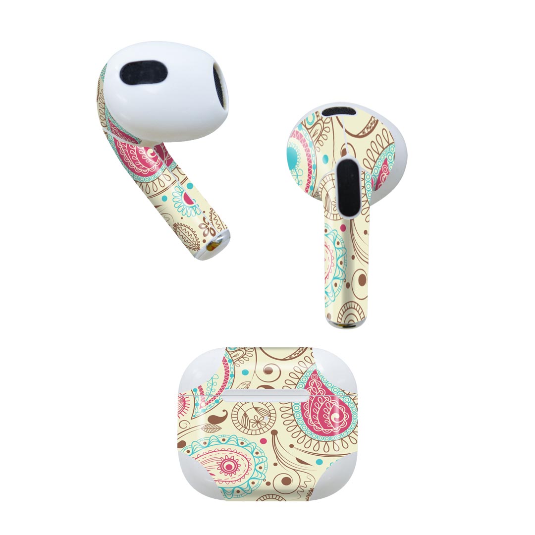 AirPods 第3世代 専用 デザインスキンシール airpods 3 用 エアポッド 3 用 第三世代(2021)対応 2枚入り 各2枚セット イヤホン カバー デコレーション アクセサリー デコシール 005086 ペイズリー イラスト ブラウン