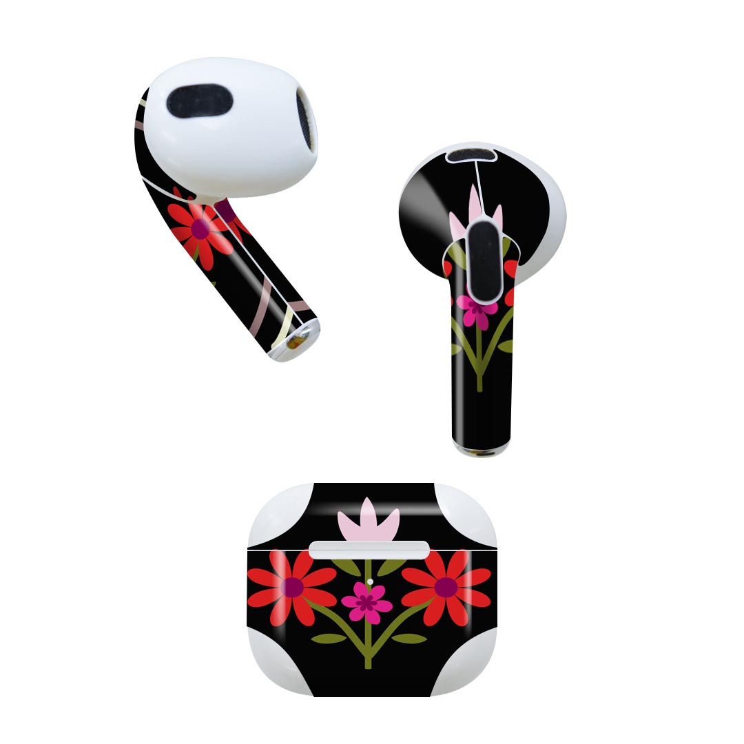 AirPods 第3世代 専用 デザインスキンシール airpods 3 用 エアポッド 3 用 第三世代（2021）対応 2枚入り 各2枚セット イヤホン カバー デコレーション アクセサリー デコシール 007462 花　　イラスト　赤　レッド